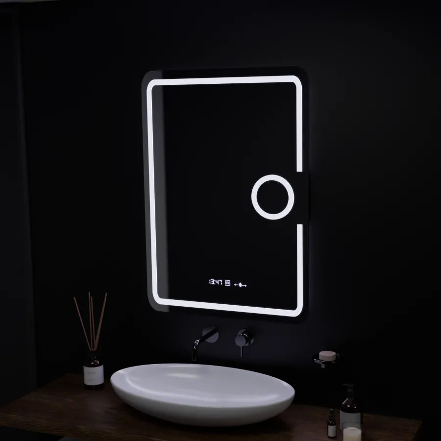 Lustro LED prostokątne 50x70cm Eclat MotionGlow Marcello System przeciwmgielny Zegar i termometr Ściemnialna lupa kosmetyczna