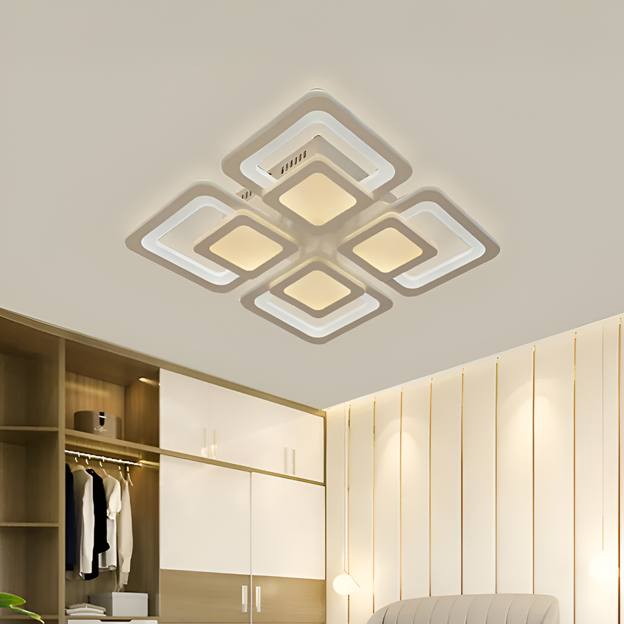 Żyrandol LED SUSAN 77W z pilotem, 4 kwadraty, światło zimne/ciepłe/neutralne, ściemnialny, biały 