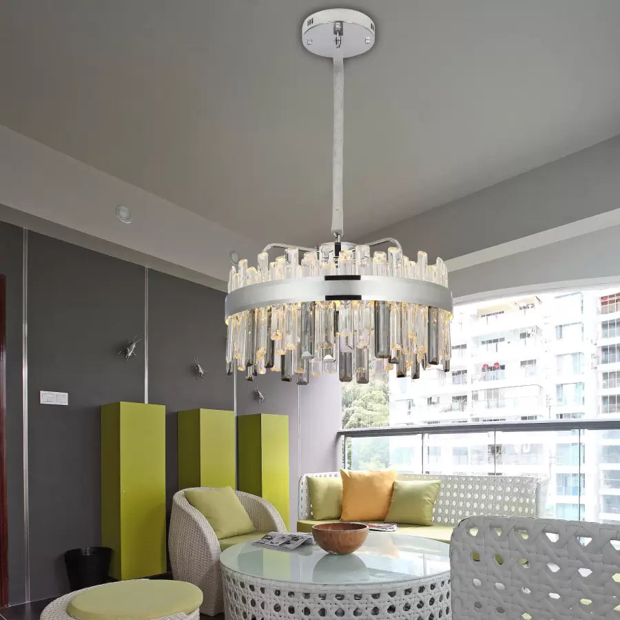 Żyrandol kryształowy LED z pilotem Melvin 112W, ściemniany, średnica 50 cm, srebrny