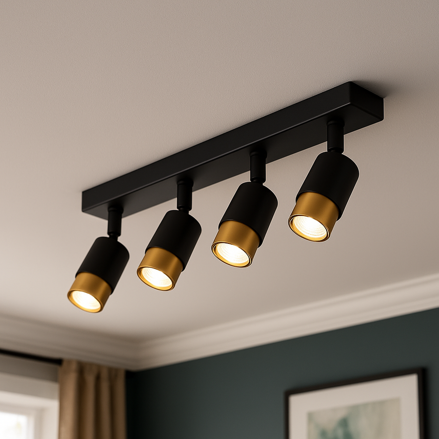 Reflektor LED z 4 żarówkami GU10, 3000K/4000K/6000K, kolor złoty, metal i akryl