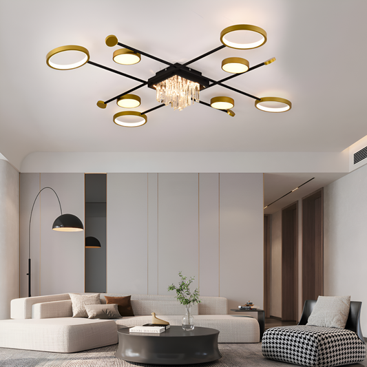 Żyrandol LED z pilotem i kryształem GUIDE 46W, 8 elementów, zimne/ciepłe/neutralne światło, ściemnialny, czarno-złoty 
