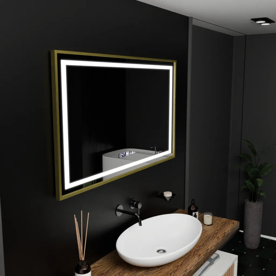 Prostokątne lustro LED 100x80cm Verite Royale Gold Motion Glow Marcello Defog System Zegar i termometr Ściemnialny 