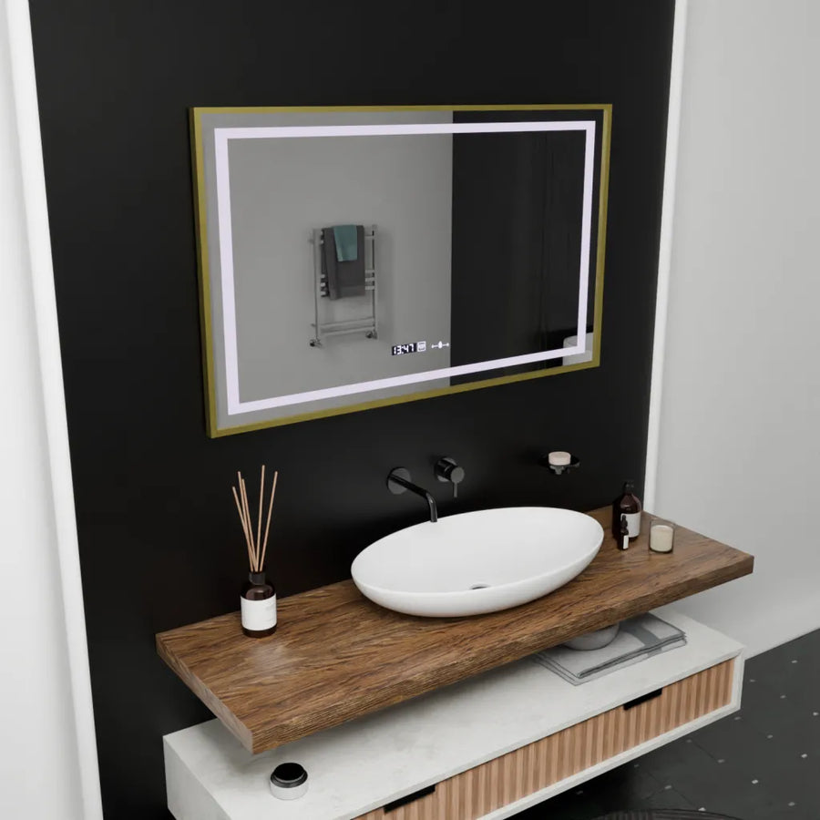 Prostokątne lustro LED 100x80cm Verite Royale Gold Motion Glow Marcello Defog System Zegar i termometr Ściemnialny 