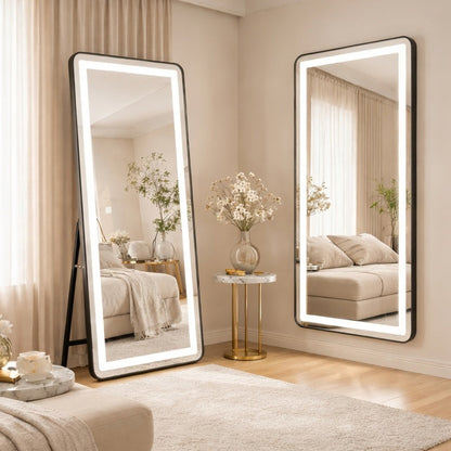 Prostokątne lustro LED, czarna rama, 50x160 cm, możliwość przyciemniania, światło zimne/ciepłe/neutralne, moda garderoba