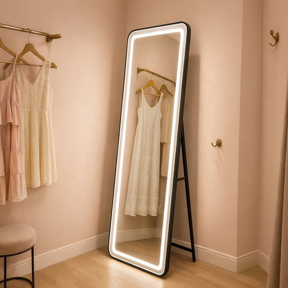 Prostokątne lustro LED, czarna rama, 50x160 cm, możliwość przyciemniania, światło zimne/ciepłe/neutralne, moda garderoba