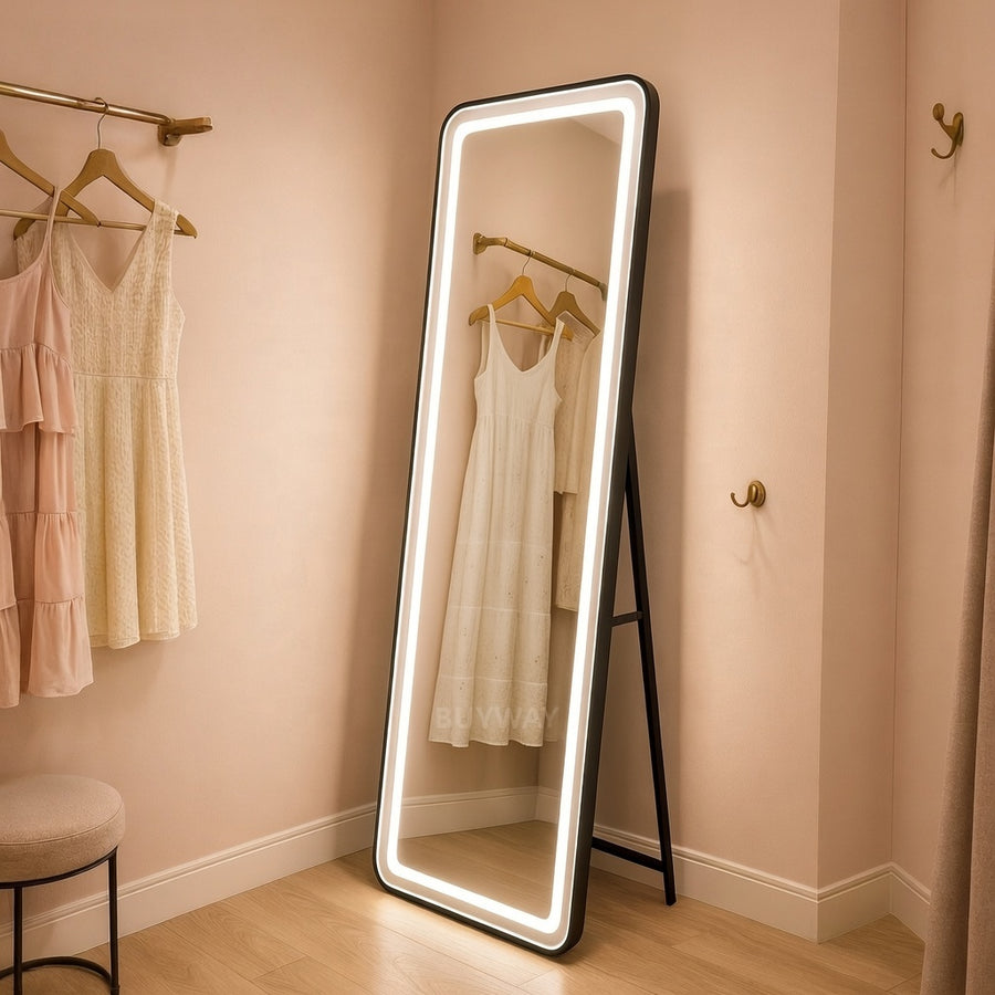 Prostokątne lustro LED, czarna rama, 50x160 cm, możliwość przyciemniania, światło zimne/ciepłe/neutralne, moda garderoba