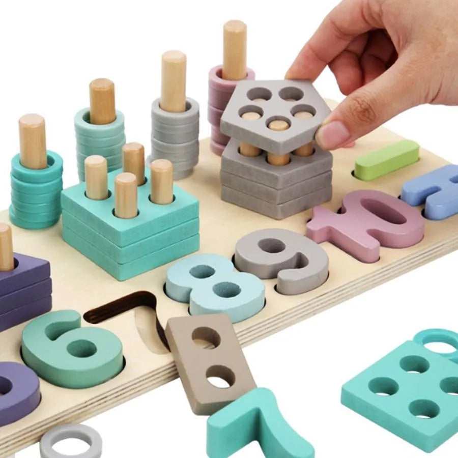 Montessori Wielofunkcyjna gra edukacyjna z liczbami, licznikami i figurami geometrycznymi, 80 elementów, drewno
