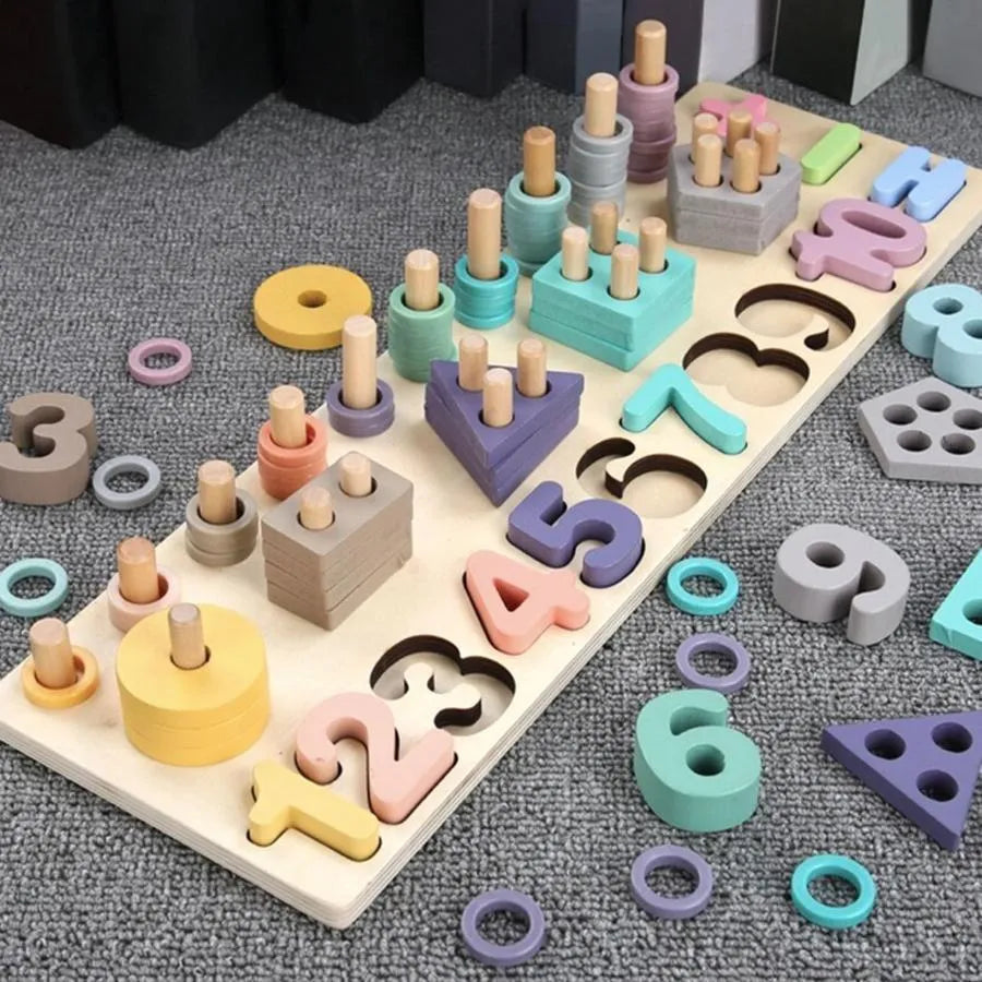 Montessori Wielofunkcyjna gra edukacyjna z liczbami, licznikami i figurami geometrycznymi, 80 elementów, drewno
