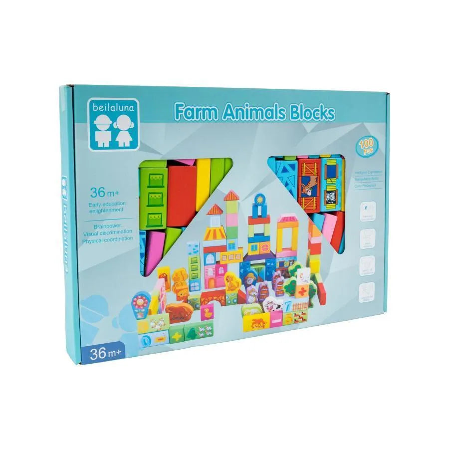 Puzzle kostkowe Farm Animals do budowy, 100 elementów, drewno