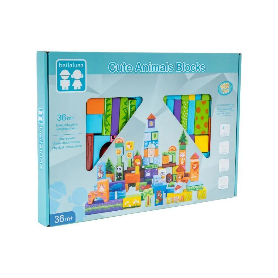 Puzzle kostkowe „Zwierzęta leśne” do budowy, 100 elementów, drewno