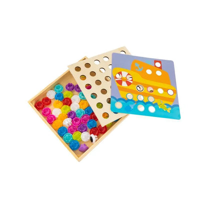 Gra logiczna z 11 kartami i 50 kolorowymi elementami, drewno, plastik i tektura