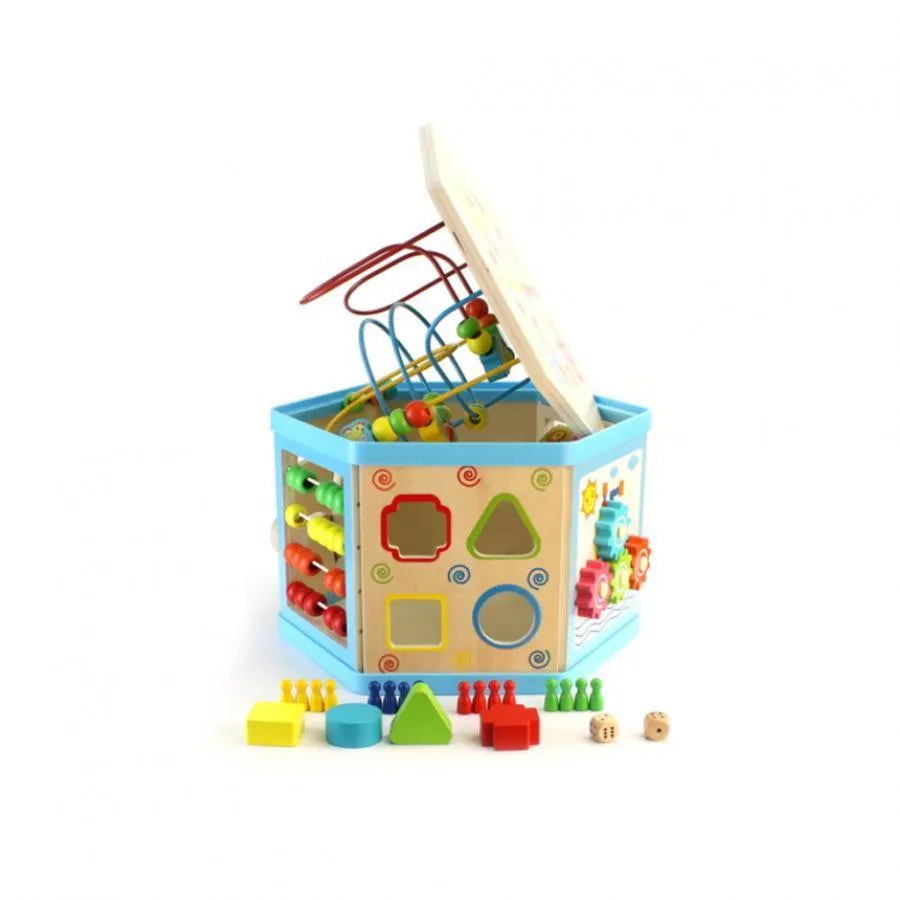 Montessori Edukacyjna Zabawka Sześciokątna Drewniana 8 w 1, 38 cm, Wielokolorowa