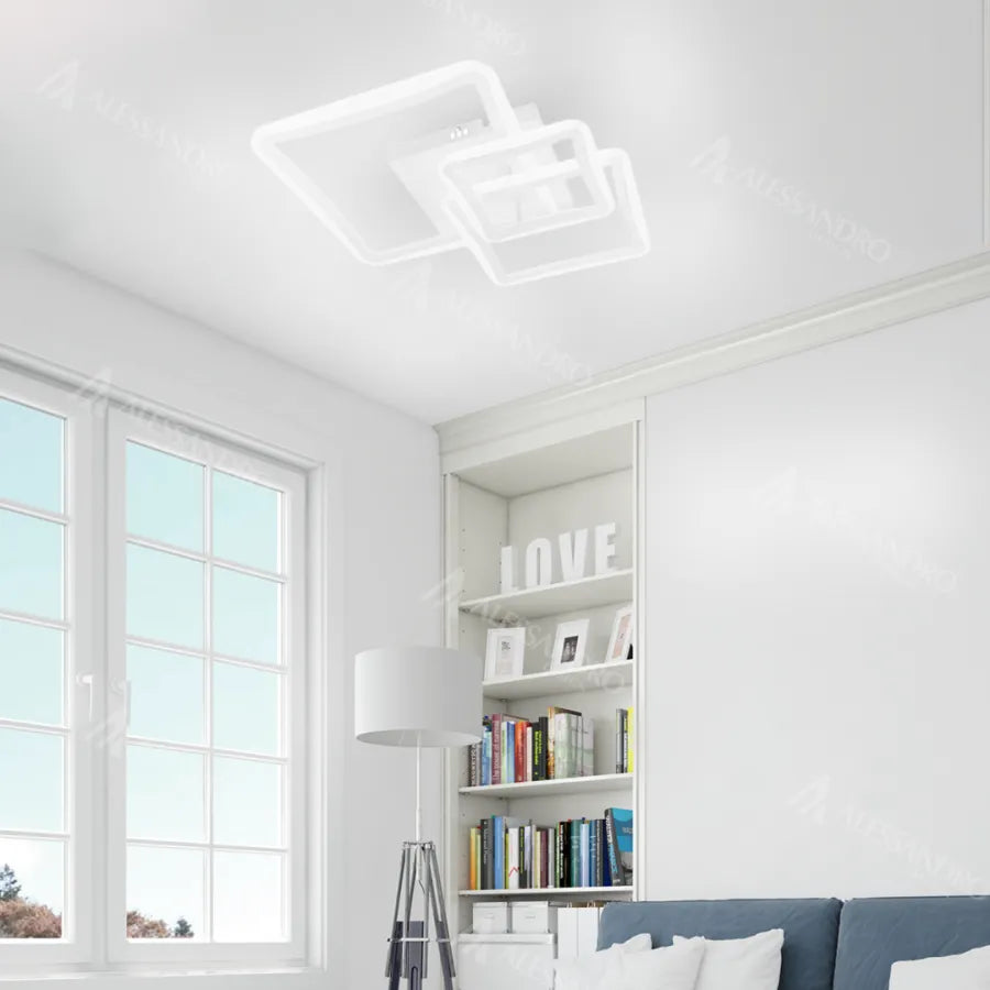 Żyrandol LED z pilotem FARYDA 120 W, 3 kwadraty, światło zimne/ciepłe/neutralne, ściemnialny, biały