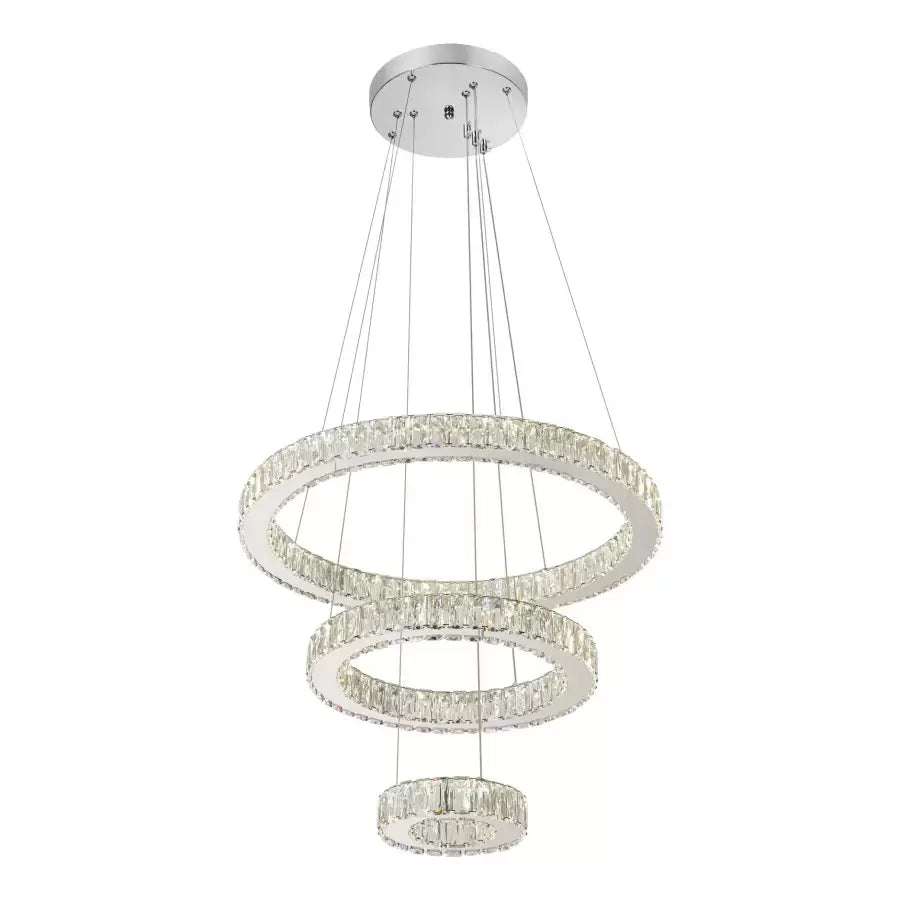 Żyrandol wiszący LED CANAAN 120 W z pilotem i kryształem, 3 okręgi, zimne/ciepłe/neutralne światło, ściemnialny, błyszczący chrom, regulowana wysokość
