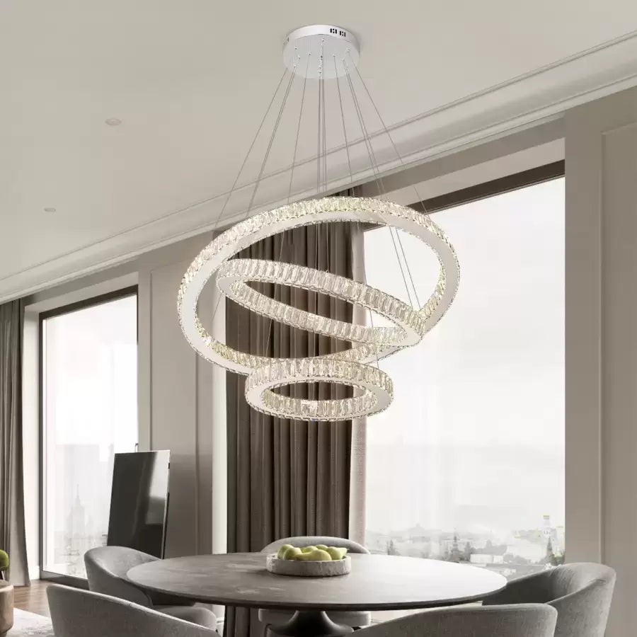 Żyrandol wiszący LED CAYDEN 200 W z pilotem i kryształem, 3 okręgi, światło zimne/ciepłe/neutralne, ściemnialny, chrom błyszczący, regulowana wysokość