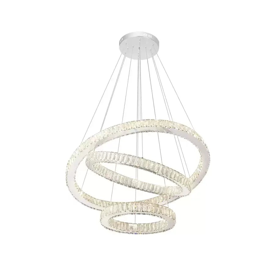 Żyrandol wiszący LED CAYDEN 200 W z pilotem i kryształem, 3 okręgi, światło zimne/ciepłe/neutralne, ściemnialny, chrom błyszczący, regulowana wysokość