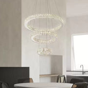 Żyrandol wiszący LED CANAAN 120 W z pilotem i kryształem, 3 okręgi, zimne/ciepłe/neutralne światło, ściemnialny, błyszczący chrom, regulowana wysokość