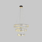 Żyrandol wiszący LED ROGER 150 W z pilotem i kryształem, 3 okręgi, światło zimne/ciepłe/neutralne, ściemnialny, błyszczący złoty, regulowana wysokość