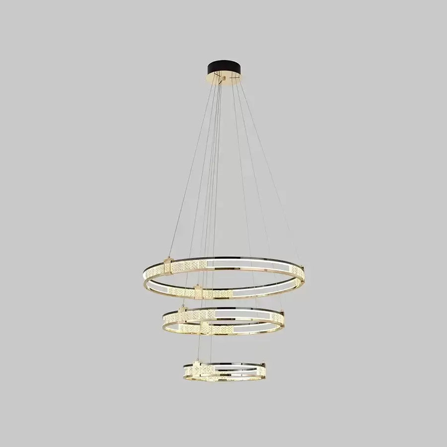 Żyrandol wiszący LED ROGER 150 W z pilotem i kryształem, 3 okręgi, światło zimne/ciepłe/neutralne, ściemnialny, błyszczący złoty, regulowana wysokość