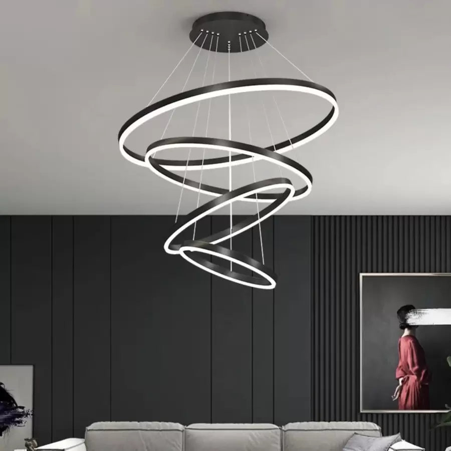 Żyrandol wiszący LED AZARIAH 112 W z pilotem, 4 okręgi, światło zimne/ciepłe/neutralne, ściemnialny, czarny, regulowana wysokość
