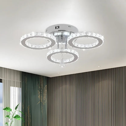 Żyrandol LED z pilotem i kryształem ALANUBIS 37W, 3 okręgi, zimne/ciepłe/neutralne światło, ściemnialny, błyszczący chrom
