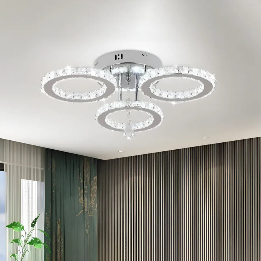 Żyrandol LED z pilotem i kryształem ALANUBIS 37W, 3 okręgi, zimne/ciepłe/neutralne światło, ściemnialny, błyszczący chrom