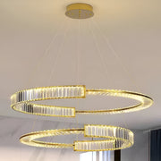 Żyrandol LED PRISM Regal, złoty, metal i kryształ, ściemnialny, regulowana wysokość, elegancki design, zimne/ciepłe/neutralne światło