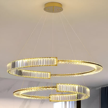 Żyrandol LED PRISM Regal, złoty, metal i kryształ, ściemnialny, regulowana wysokość, elegancki design, zimne/ciepłe/neutralne światło