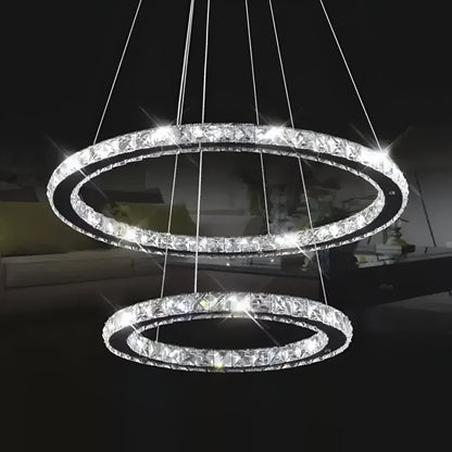 Żyrandol LED z pilotem i kryształem PRISM LUMINIS 58W, 2 okręgi, zimne/ciepłe/neutralne światło, ściemnialny, srebrny, regulowana wysokość
