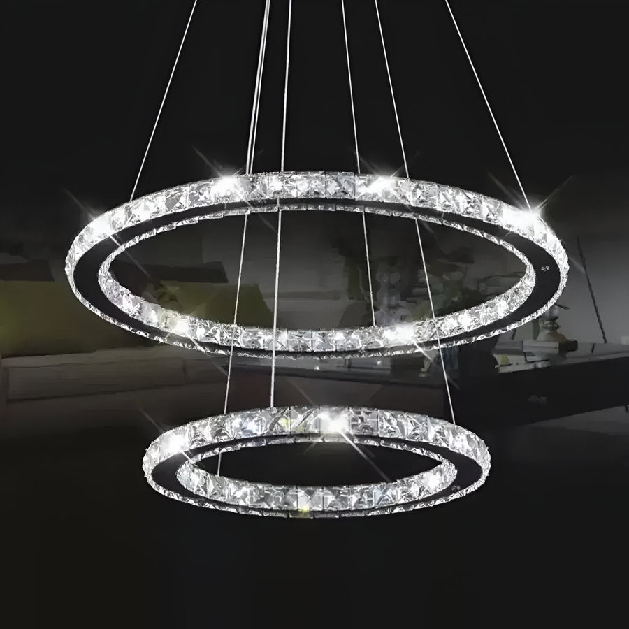 Żyrandol LED z pilotem i kryształem PRISM LUMINIS 58W, 2 okręgi, zimne/ciepłe/neutralne światło, ściemnialny, srebrny, regulowana wysokość