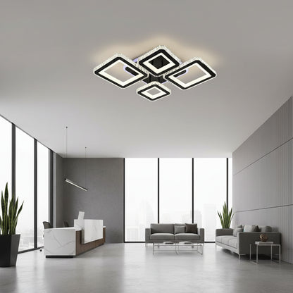 Żyrandol LED z pilotem i kryształem QUADRIS RGB 96W, 4 kwadraty, światło zimne/ciepłe/neutralne, możliwość przyciemniania, czarny