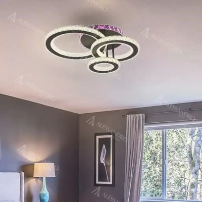 Żyrandol LED z pilotem i kryształem LEOCADIA RGB 134W, 3 okręgi, światło zimne/ciepłe/neutralne, ściemnialny, czarny