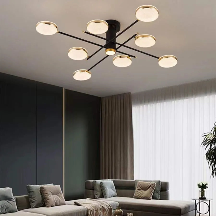 Żyrandol LED z pilotem i kryształem MISEL 154W, 9 elementów, światło zimne/ciepłe/neutralne, możliwość ściemniania, czarne złoto