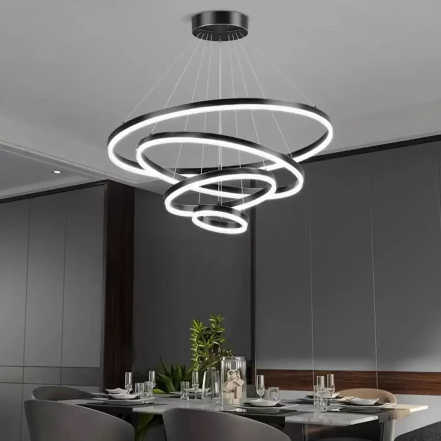 Żyrandol wiszący LED AZARIAH 112 W z pilotem, 4 okręgi, światło zimne/ciepłe/neutralne, ściemnialny, czarny, regulowana wysokość