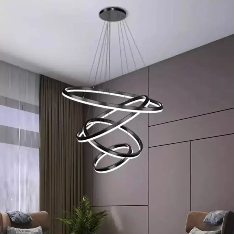 Żyrandol wiszący LED AZARIAH 112 W z pilotem, 4 okręgi, światło zimne/ciepłe/neutralne, ściemnialny, czarny, regulowana wysokość