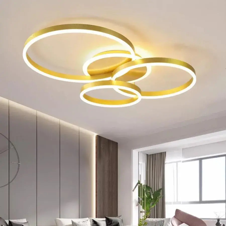 Żyrandol LED z pilotem LYRA 100 W, 3 okręgi, światło zimne/ciepłe/neutralne, ściemnialny, szczotkowane złoto
