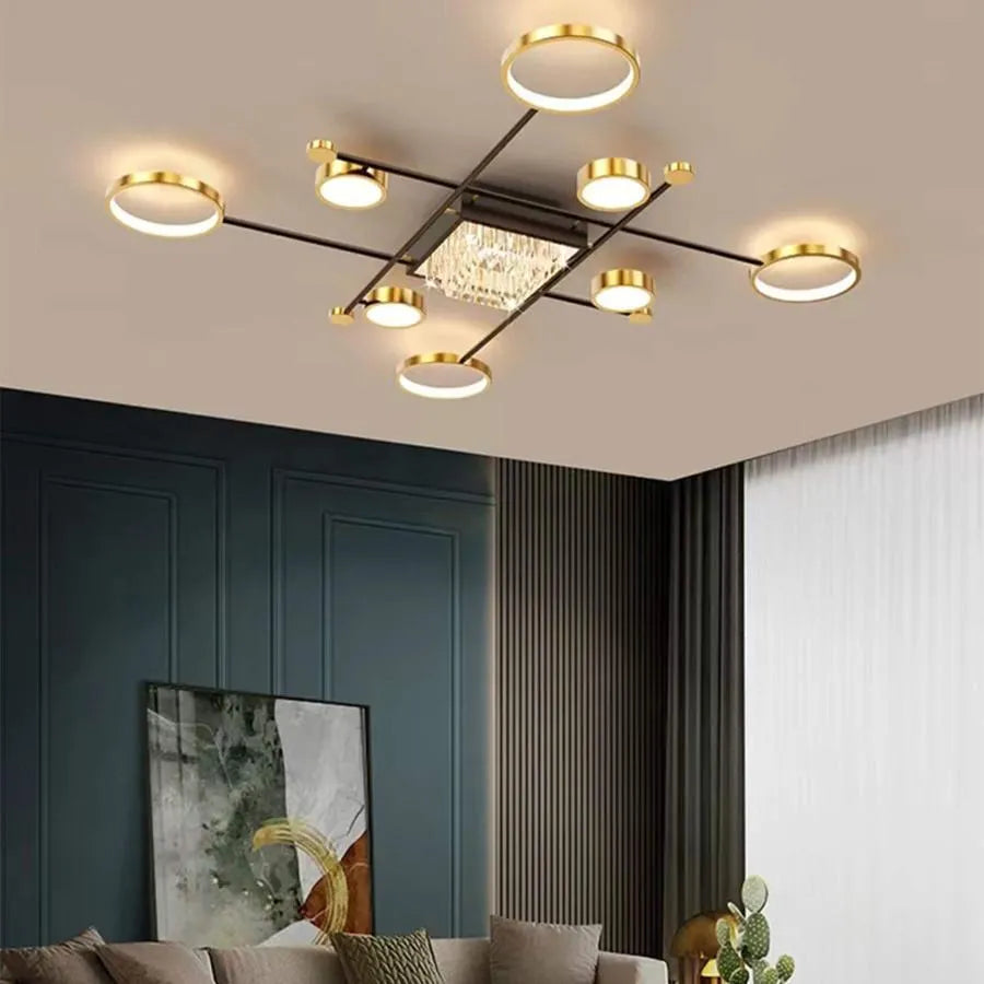 Żyrandol LED z pilotem i kryształem MISEL 168W, 9 elementów, zimne/ciepłe/neutralne światło, ściemnialny, czarno-złoty
