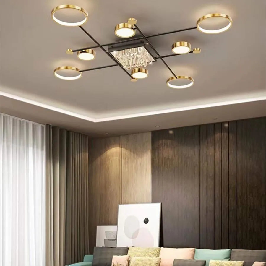 Żyrandol LED z pilotem i kryształem MISEL 168W, 9 elementów, zimne/ciepłe/neutralne światło, ściemnialny, czarno-złoty