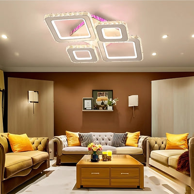 Żyrandol LED z pilotem i kryształem TERRANO RGB 162 W, 4 kwadraty, światło zimne/ciepłe/neutralne, ściemnialny, błyszczący chrom biały