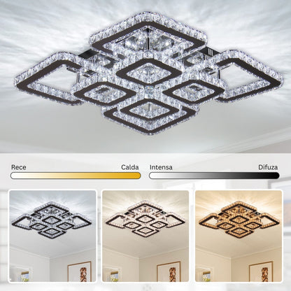 Żyrandol LED z pilotem i kryształem QUADRIA SUPREMO RGB 198 W, 8 kwadratów, zimne/ciepłe/neutralne światło, ściemnialny, błyszczący chrom