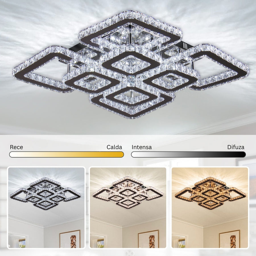Żyrandol LED z pilotem i kryształem QUADRIA SUPREMO RGB 198 W, 8 kwadratów, zimne/ciepłe/neutralne światło, ściemnialny, błyszczący chrom