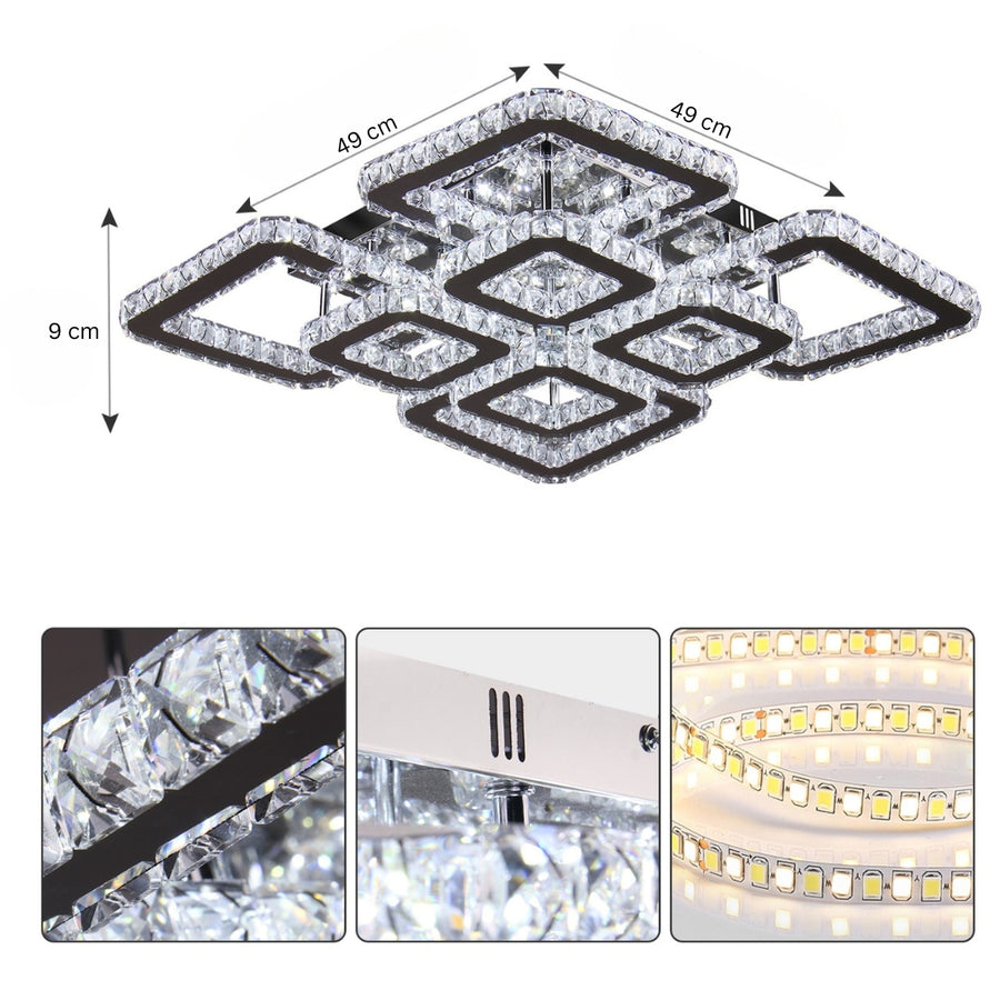 Żyrandol LED z pilotem i kryształem QUADRIA SUPREMO RGB 198 W, 8 kwadratów, zimne/ciepłe/neutralne światło, ściemnialny, błyszczący chrom