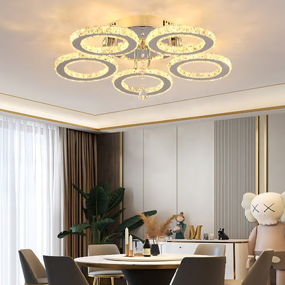 Żyrandol LED z pilotem i kryształem ALANUBIS 61W, 5 okręgów, zimne/ciepłe/neutralne światło, ściemnialny, błyszczący chrom