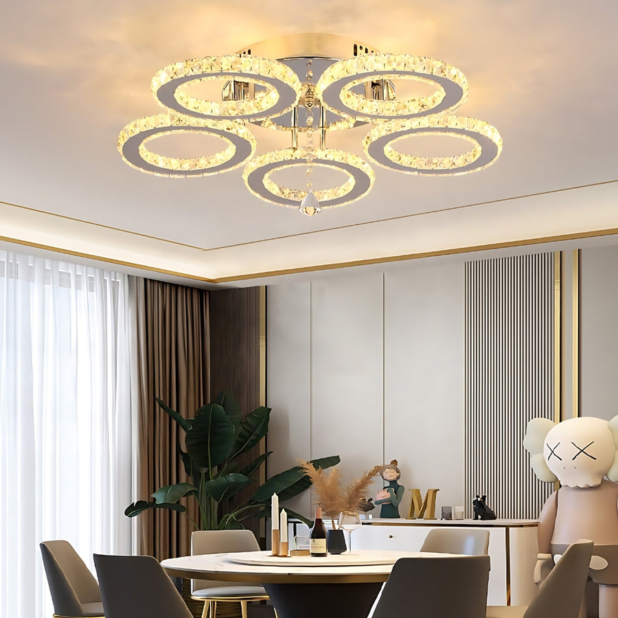 Żyrandol LED z pilotem i kryształem ALANUBIS 61W, 5 okręgów, zimne/ciepłe/neutralne światło, ściemnialny, błyszczący chrom