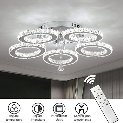 Żyrandol LED z pilotem i kryształem ALANUBIS 61W, 5 okręgów, zimne/ciepłe/neutralne światło, ściemnialny, błyszczący chrom