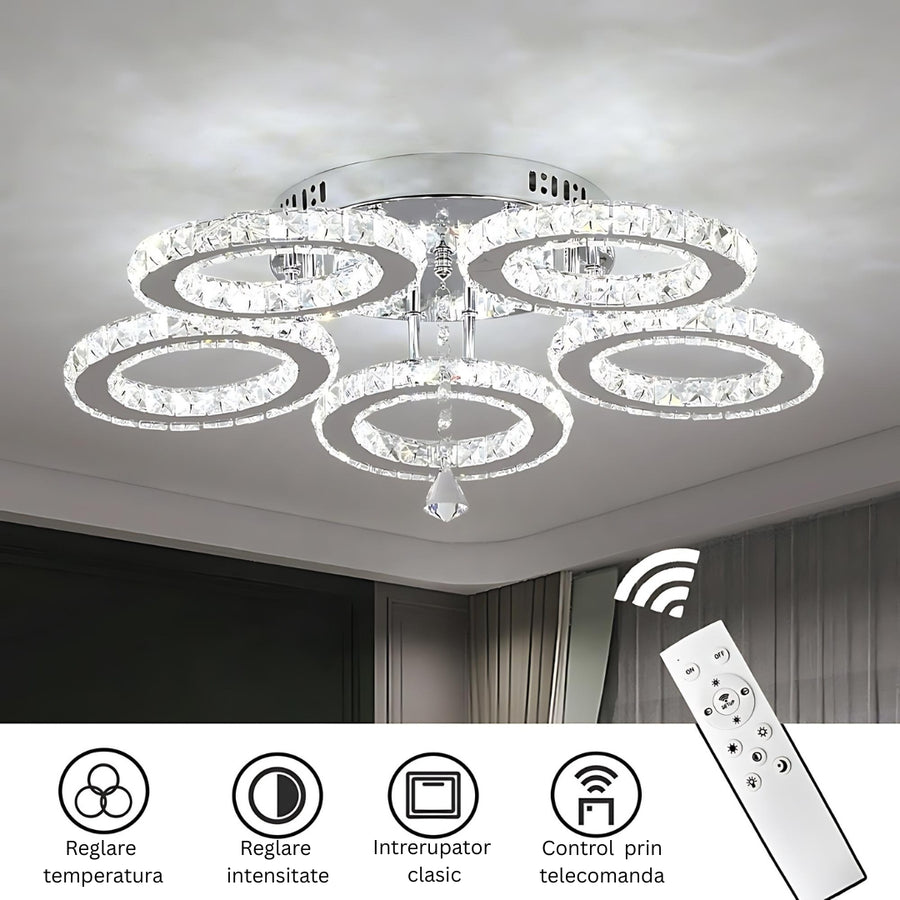 Żyrandol LED z pilotem i kryształem ALANUBIS 61W, 5 okręgów, zimne/ciepłe/neutralne światło, ściemnialny, błyszczący chrom