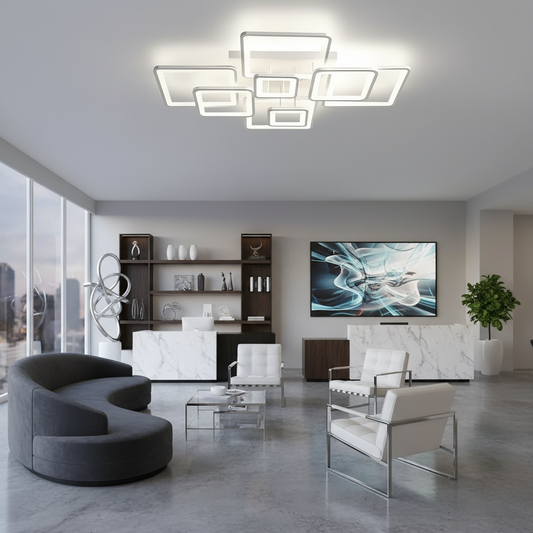 Żyrandol LED z pilotem ELLA 187W, 8 kwadratów, światło zimne/ciepłe/neutralne, możliwość przyciemniania, biały