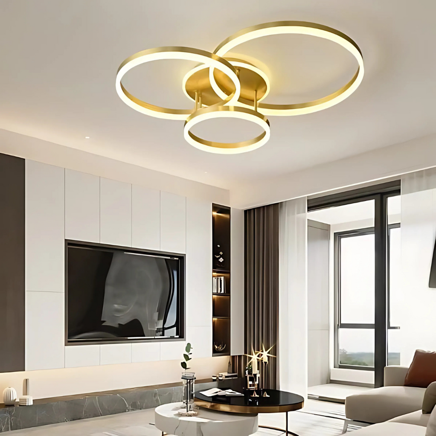 Żyrandol LED z pilotem RIGA LILITH 94W, 3 okręgi, światło zimne/ciepłe/neutralne, ściemnialny, błyszczący złoty