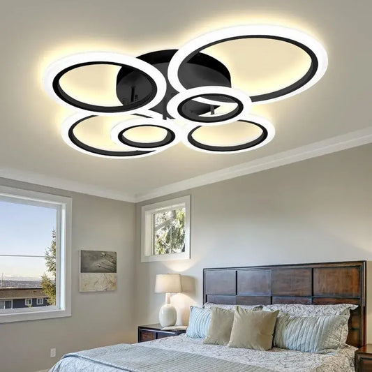 Żyrandol LED z pilotem, Betty, 6 kółek, 82 W, zimne/ciepłe/neutralne światło, ściemnialny, czarny