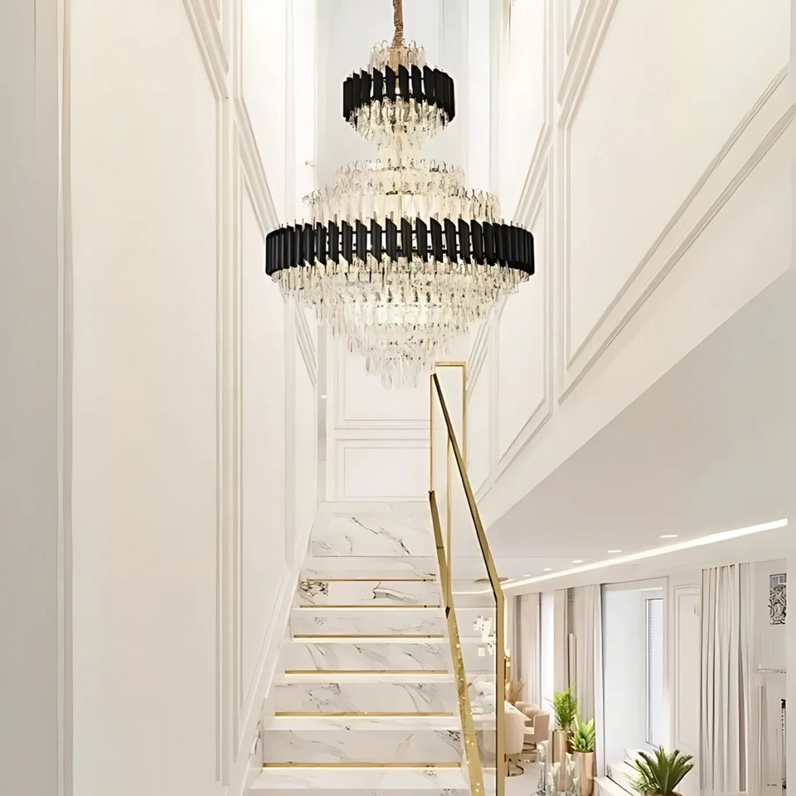 Żyrandol kryształowy Versailles Supremo Reale E14, 80 cm x 110 cm, błyszczące złoto i czerń, regulowana wysokość 